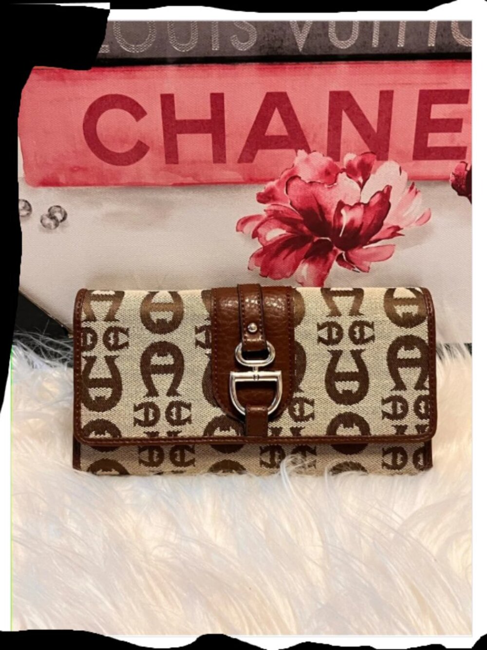 Etienne Aigner Brown & Cream Signature Canvas Wallet Clutch w/ Buckle